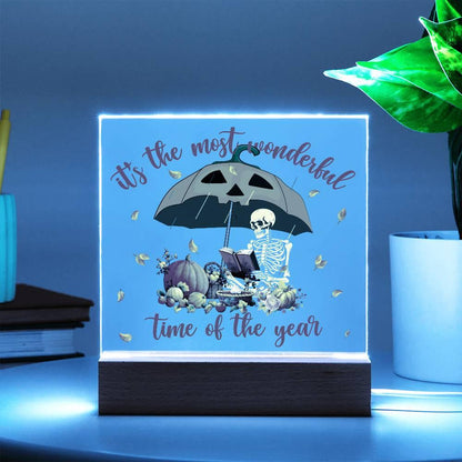 Halloween Decor - Most Wonderful Time of The Year Acrylic Square Plaque with LED Wooden Base - Mallard Moon Gift Shop