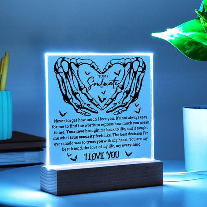 Soulmate - True Security - Halloween Acrylic Square Plaque with LED Lighted Wooden Base - Mallard Moon Gift Shop