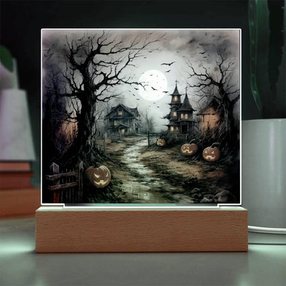 Shadowy Stronghold: Unique Mansion Halloween Acrylic Lighted Plaque - Mallard Moon Gift Shop