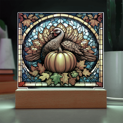 Thanksgiving Stained Glass Turkey Acrylic Plaque – Elegant Fall Home Decor with LED Light Base | Autumn Window Art Inspired Gift