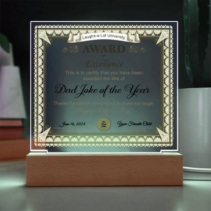 Gift for Dad Award of Excellence for Dad Joke of the Year Personalized Acrylic Plaque - Mallard Moon Gift Shop