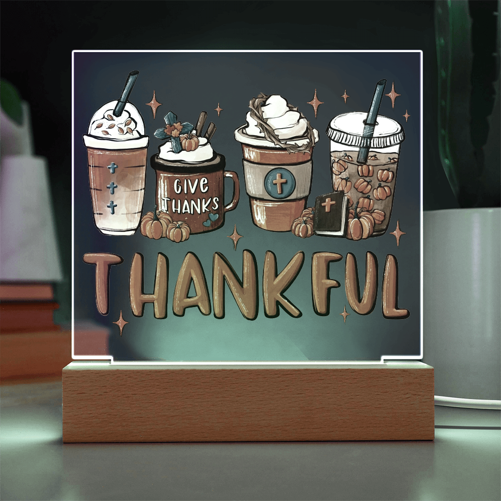 Thankful Coffee Acrylic Plaque – Cozy Fall Décor Gift for Coffee Lovers | “Give Thanks” Autumn LED Light Display