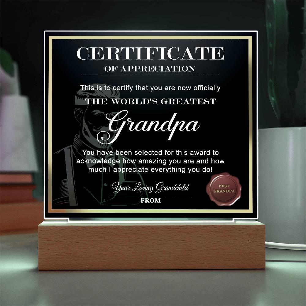 Certificate of Appreciation - The World's Greatest Grandpa Personalized Acrylic Plaque - Mallard Moon Gift Shop