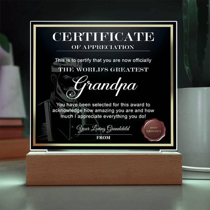 Certificate of Appreciation - The World's Greatest Grandpa Personalized Acrylic Plaque - Mallard Moon Gift Shop