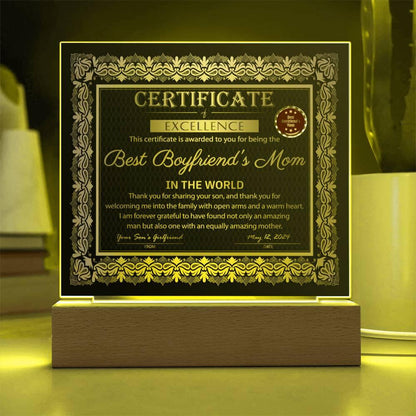 Best Boyfriend's Mom Certificate of Excellence Mother's Day Acrylic Plaque - Mallard Moon Gift Shop