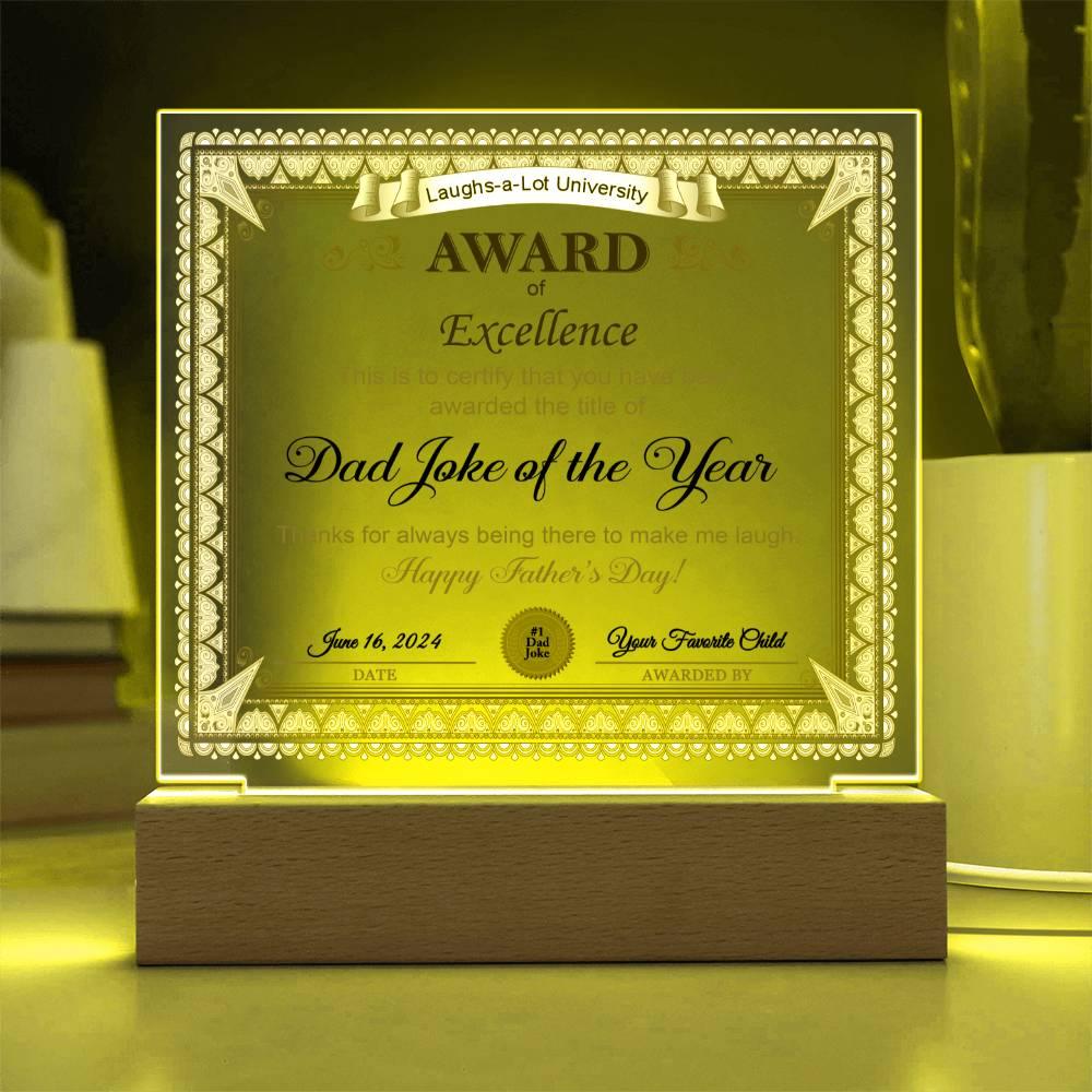 Gift for Dad Award of Excellence for Dad Joke of the Year Personalized Acrylic Plaque - Mallard Moon Gift Shop