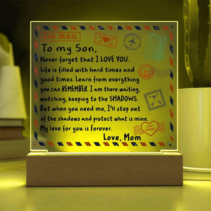 Letter To My Son, Love, Mom Acrylic Square Plaque with LED Wooden Base - Mallard Moon Gift Shop