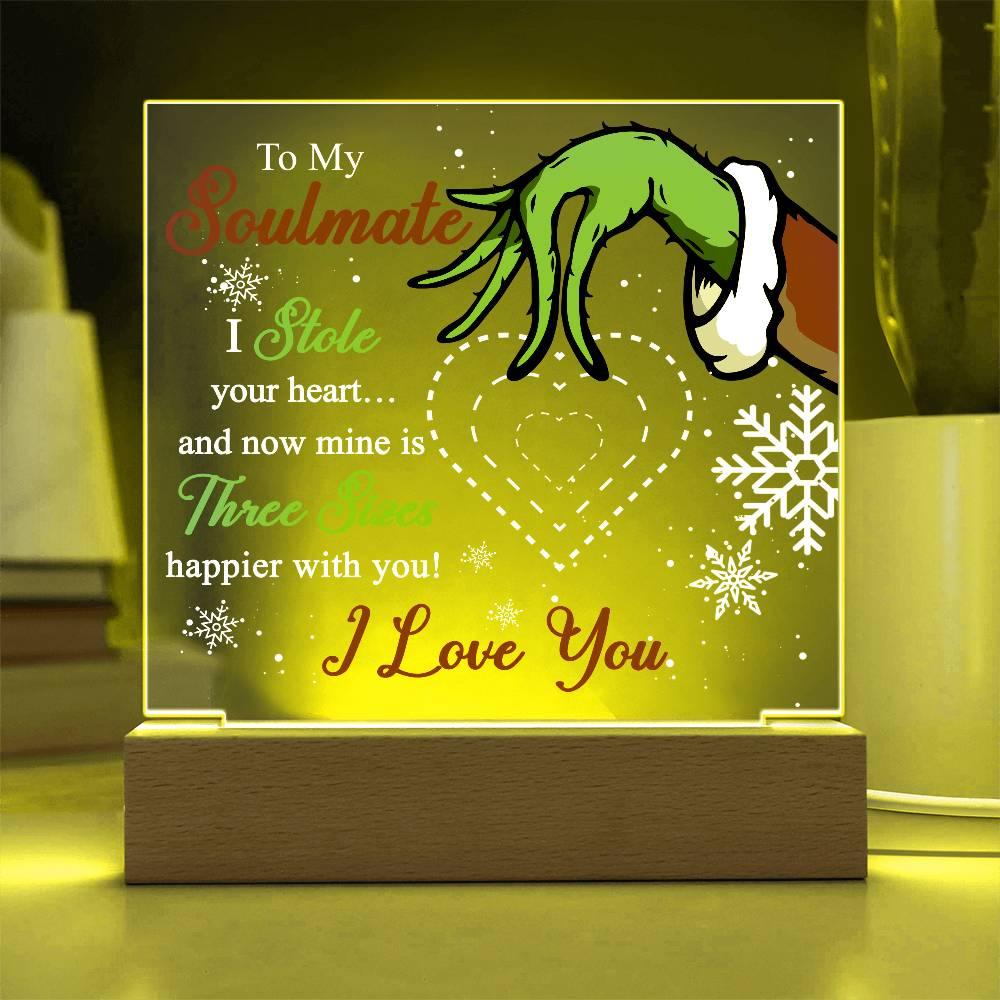Soulmate Gift - Stole My Heart - Christmas Acrylic Plaque with Lighted LED wooden Base - Mallard Moon Gift Shop