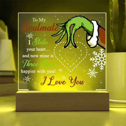Soulmate Gift - Stole My Heart - Christmas Acrylic Plaque with Lighted LED wooden Base - Mallard Moon Gift Shop