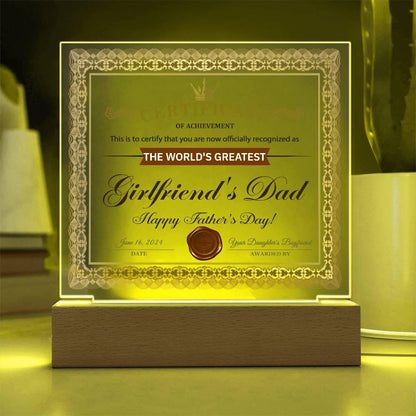 Father's Day Gift Certificate of Achievement for the World's Greatest Girlfriend's Dad Acrylic Plaque - Mallard Moon Gift Shop