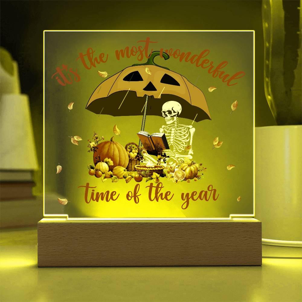 Halloween Decor - Most Wonderful Time of The Year Acrylic Square Plaque with LED Wooden Base - Mallard Moon Gift Shop