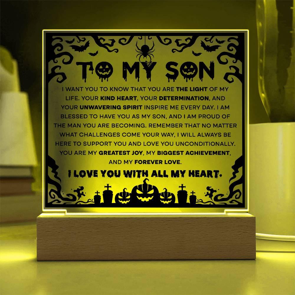Son - Proudest Achievement - Halloween Acrylic Square Plaque with LED Wooden Base - Mallard Moon Gift Shop