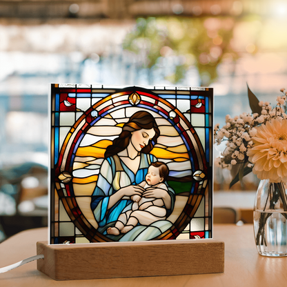 Brunette Mother and Baby - Stained Glass Style LED Acrylic Plaque – A Cherished Gift for Mother's Day or New Moms - Mallard Moon Gift Shop