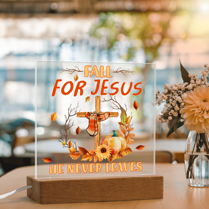 Fall for Jesus Acrylic Plaque – Christian Fall Décor with Cross and Pumpkins | Faith-Based LED Light Display Gift