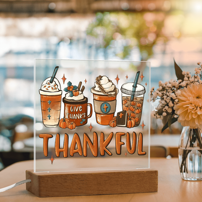 Thankful Coffee Acrylic Plaque – Cozy Fall Décor Gift for Coffee Lovers | “Give Thanks” Autumn LED Light Display