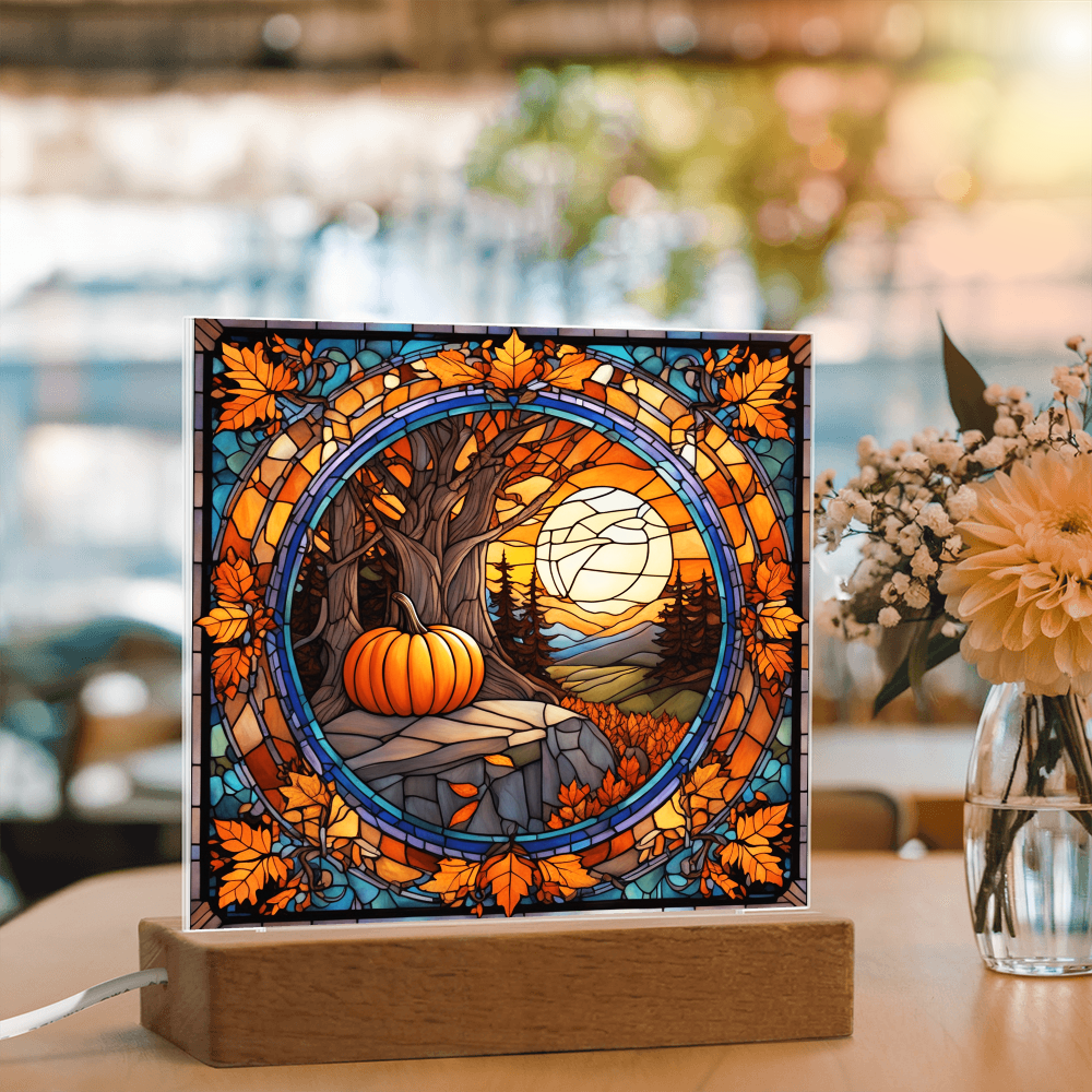 Stained Glass Autumn Pumpkin Sunset Acrylic Plaque – Fall Harvest Home Decor with LED Light Base | Thanksgiving Window Art Accent