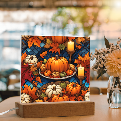 Stained Glass Pumpkin & Candle Acrylic Plaque – Thanksgiving Harvest Centerpiece | Fall Home Décor with LED Light Base
