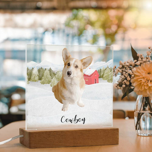 Pet Personalized Holiday Photo Upload Acrylic Plaque with Lighted LED Wooden Base - Mallard Moon Gift Shop