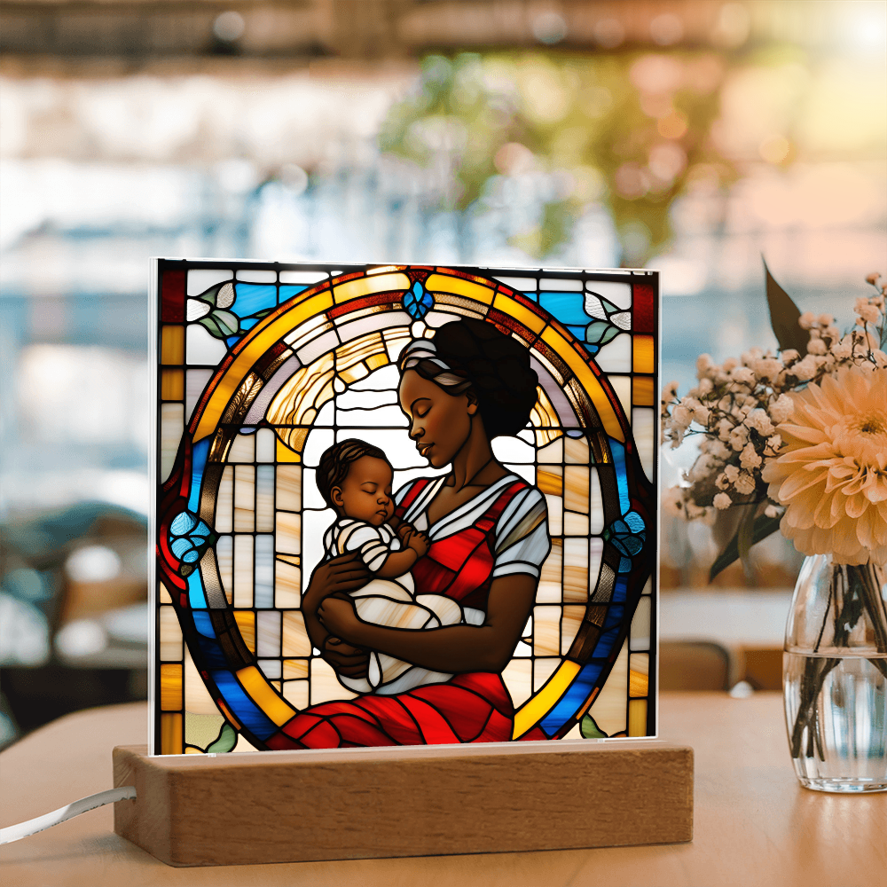 Black Mother and Baby Stained Glass Style LED Acrylic Plaque – A Powerful Tribute for New Moms and Mother's Day - Mallard Moon Gift Shop