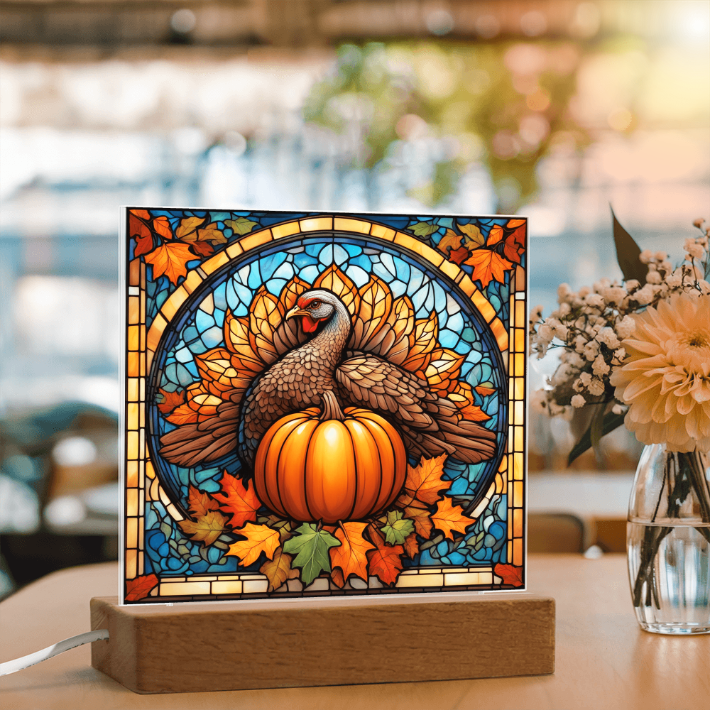 Thanksgiving Stained Glass Turkey Acrylic Plaque – Elegant Fall Home Decor with LED Light Base | Autumn Window Art Inspired Gift