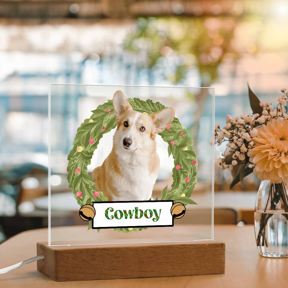 Pet Personalized Holiday Wreath Photo Upload Keepsake Acrylic Plaque with Lighted LED Wooden Base - Mallard Moon Gift Shop