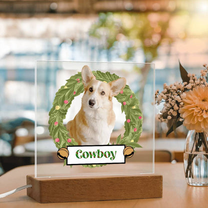 Pet Personalized Holiday Wreath Photo Upload Keepsake Acrylic Plaque with Lighted LED Wooden Base - Mallard Moon Gift Shop
