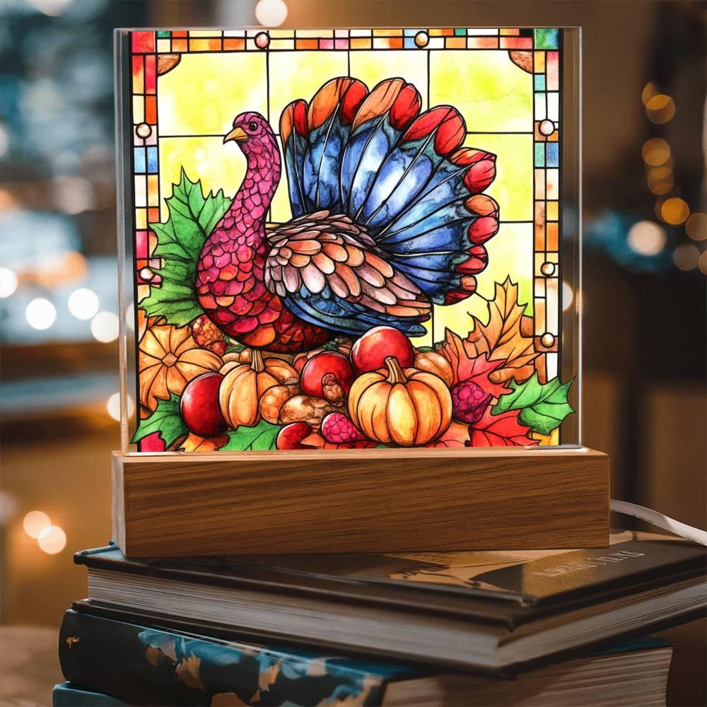 Thanksgiving Turkey Stained-glass Acrylic Square LED Lighted Wooden Base - Mallard Moon Gift Shop