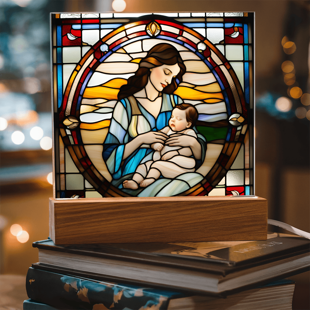 Brunette Mother and Baby - Stained Glass Style LED Acrylic Plaque – A Cherished Gift for Mother's Day or New Moms - Mallard Moon Gift Shop