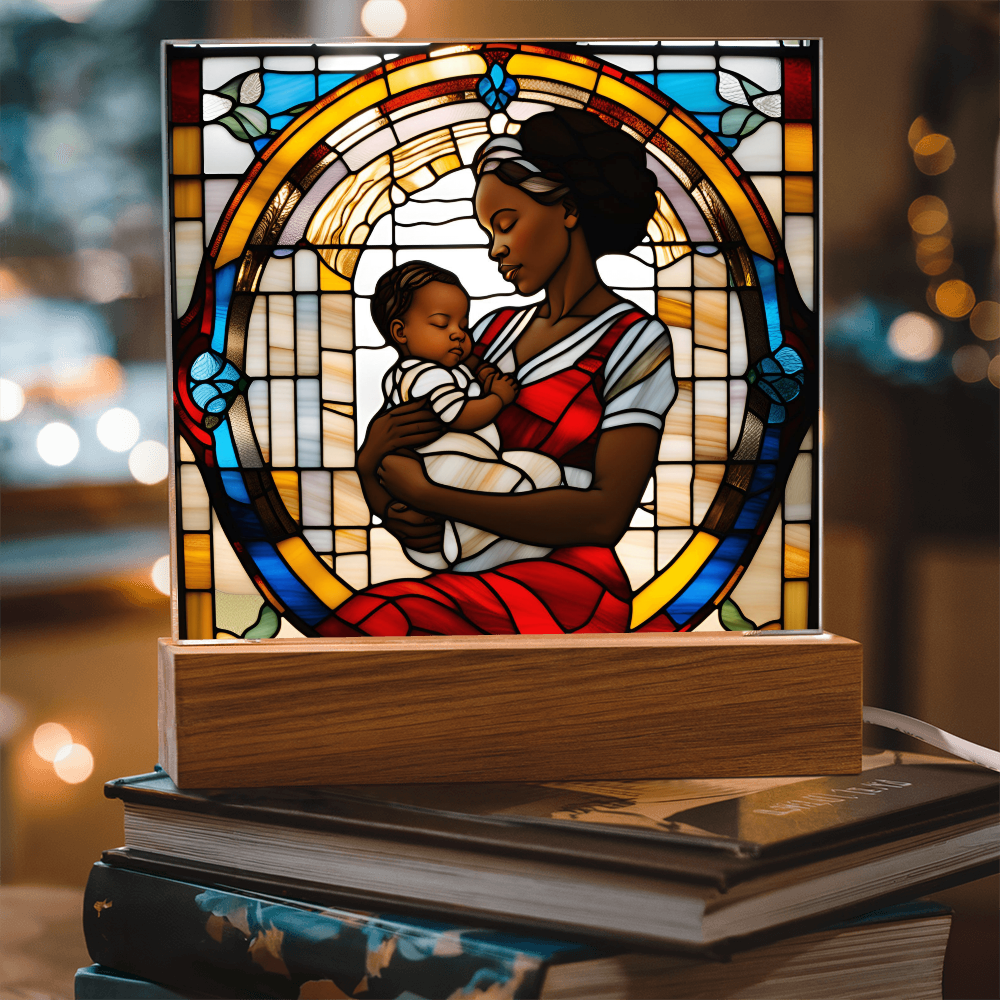 Black Mother and Baby Stained Glass Style LED Acrylic Plaque – A Powerful Tribute for New Moms and Mother's Day - Mallard Moon Gift Shop