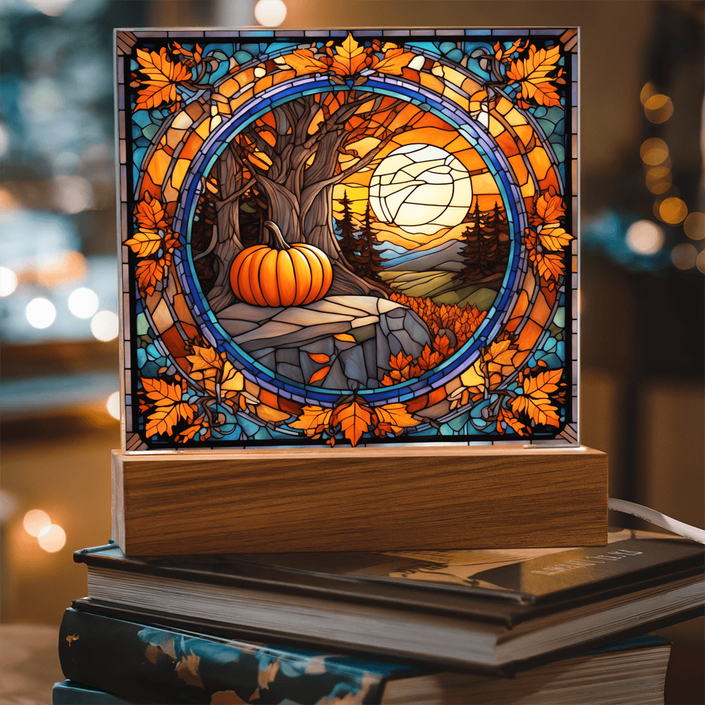 Stained Glass Autumn Pumpkin Sunset Acrylic Plaque – Fall Harvest Home Decor with LED Light Base | Thanksgiving Window Art Accent