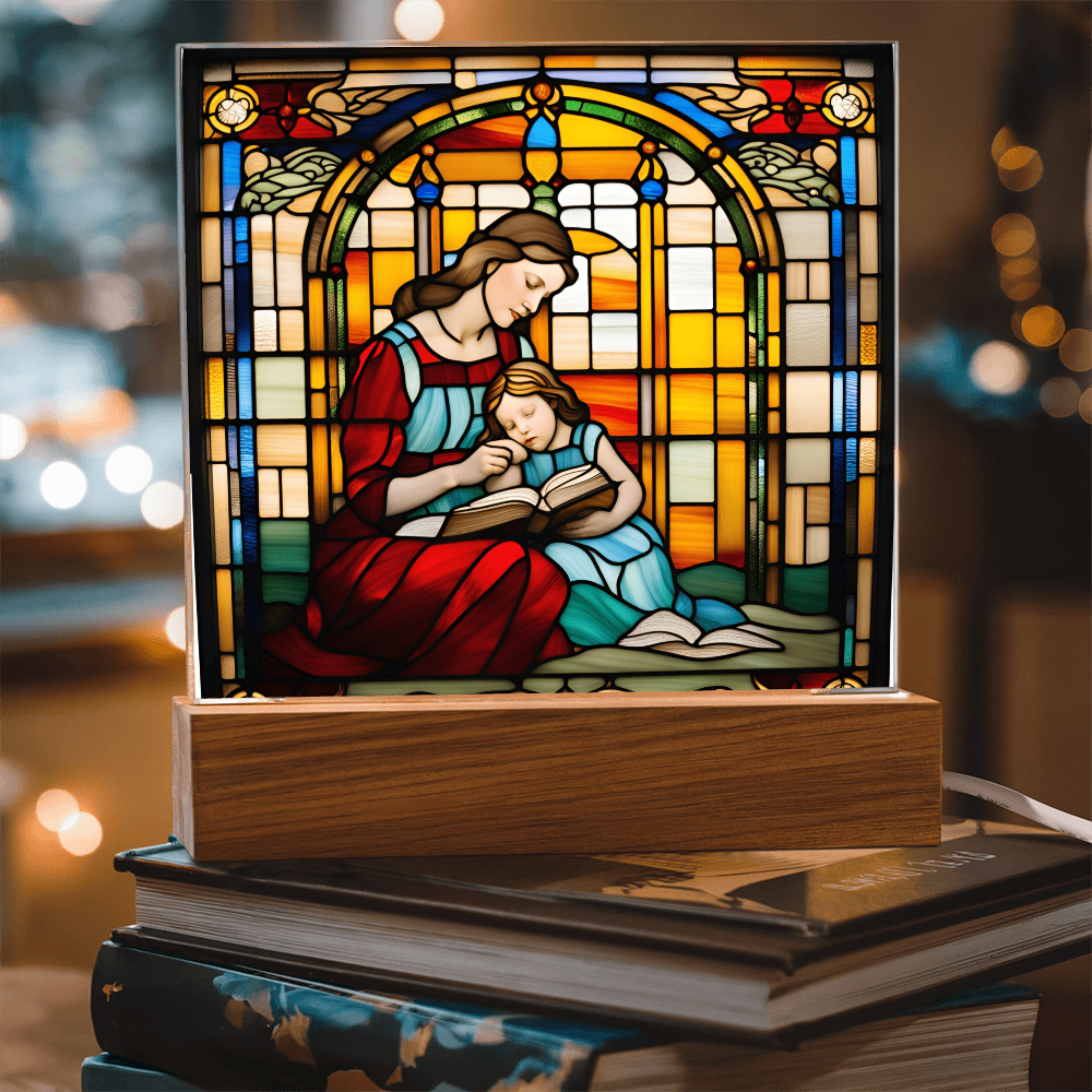 Mother and Child Reading Together Stained-Glass Style LED Acrylic Plaque – A Heartfelt Gift for Moms and Book-Loving Families - Mallard Moon Gift Shop