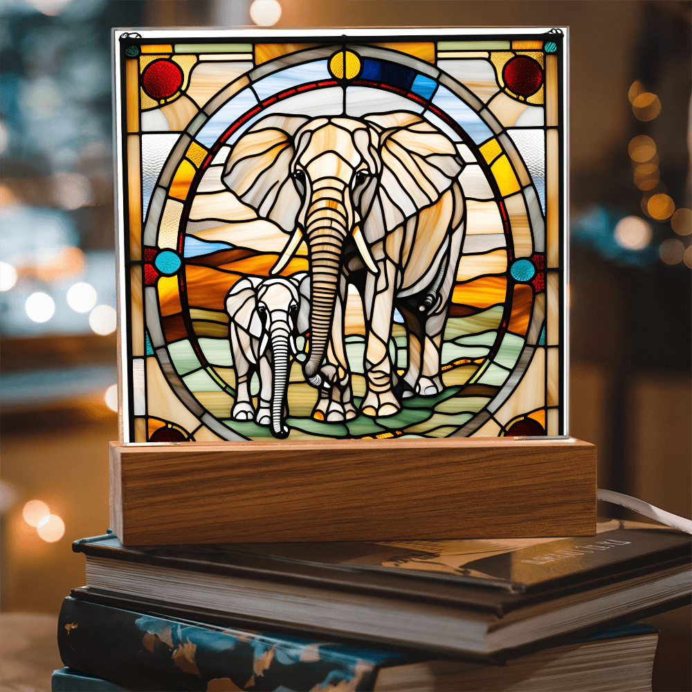 Elephant Mother and Baby Calf - Stained Glass Style LED Acrylic Plaque – A Symbol of Strength, Love, and Family - Mallard Moon Gift Shop