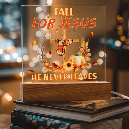 Fall for Jesus Acrylic Plaque – Christian Fall Décor with Cross and Pumpkins | Faith-Based LED Light Display Gift