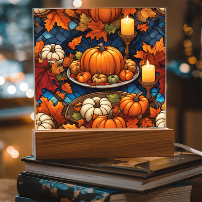 Stained Glass Pumpkin & Candle Acrylic Plaque – Thanksgiving Harvest Centerpiece | Fall Home Décor with LED Light Base