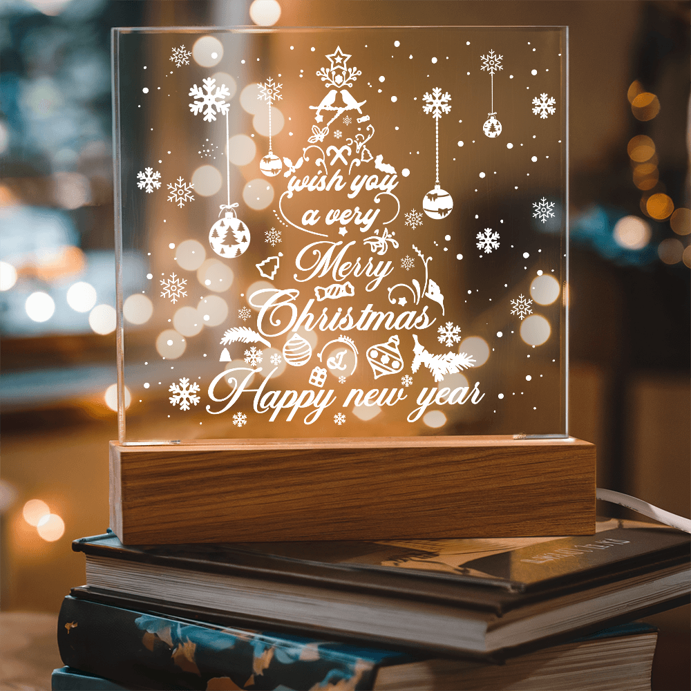 Merry Christmas & Happy New Year Acrylic Plaque – Elegant Holiday LED Light Décor | Festive Tree Design Gift