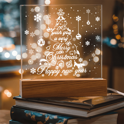 Merry Christmas & Happy New Year Acrylic Plaque – Elegant Holiday LED Light Décor | Festive Tree Design Gift