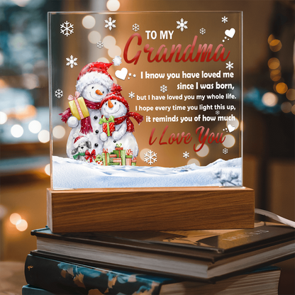 To My Grandma Acrylic Plaque – Snowman Family LED Light Gift | Heartfelt “I Love You” Christmas Keepsake for Grandmother