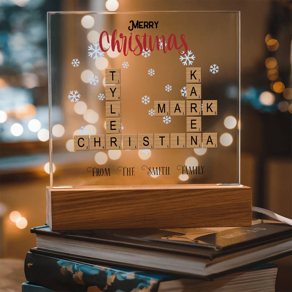 Personalized Crossword Puzzle Merry Christmas Acrylic Plaque with Lighted LED Wooden Base - Mallard Moon Gift Shop