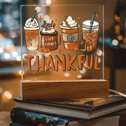 Thankful Coffee Acrylic Plaque – Cozy Fall Décor Gift for Coffee Lovers | “Give Thanks” Autumn LED Light Display