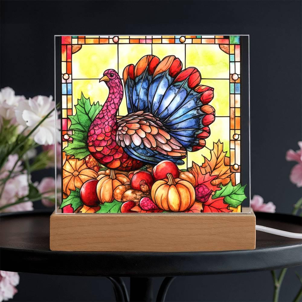 Thanksgiving Turkey Stained-glass Acrylic Square LED Lighted Wooden Base - Mallard Moon Gift Shop