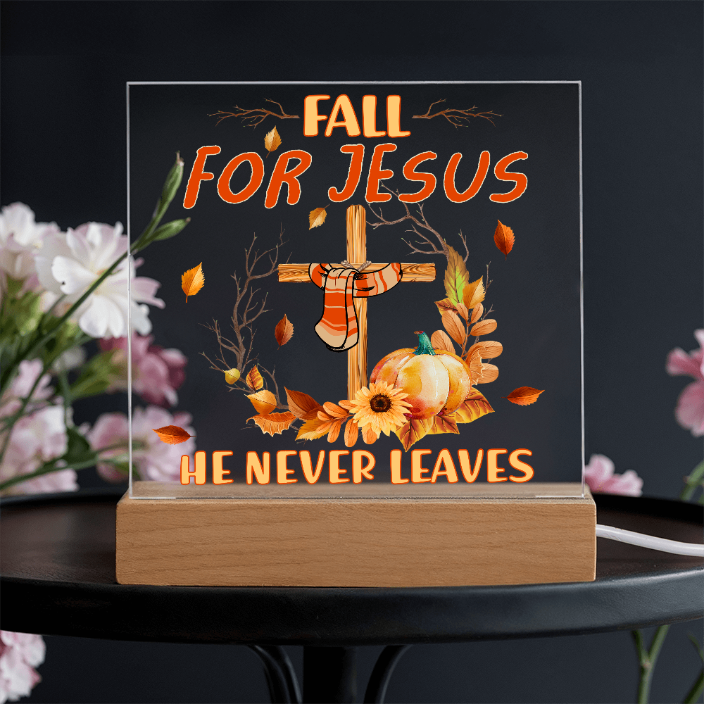 Fall for Jesus Acrylic Plaque – Christian Fall Décor with Cross and Pumpkins | Faith-Based LED Light Display Gift