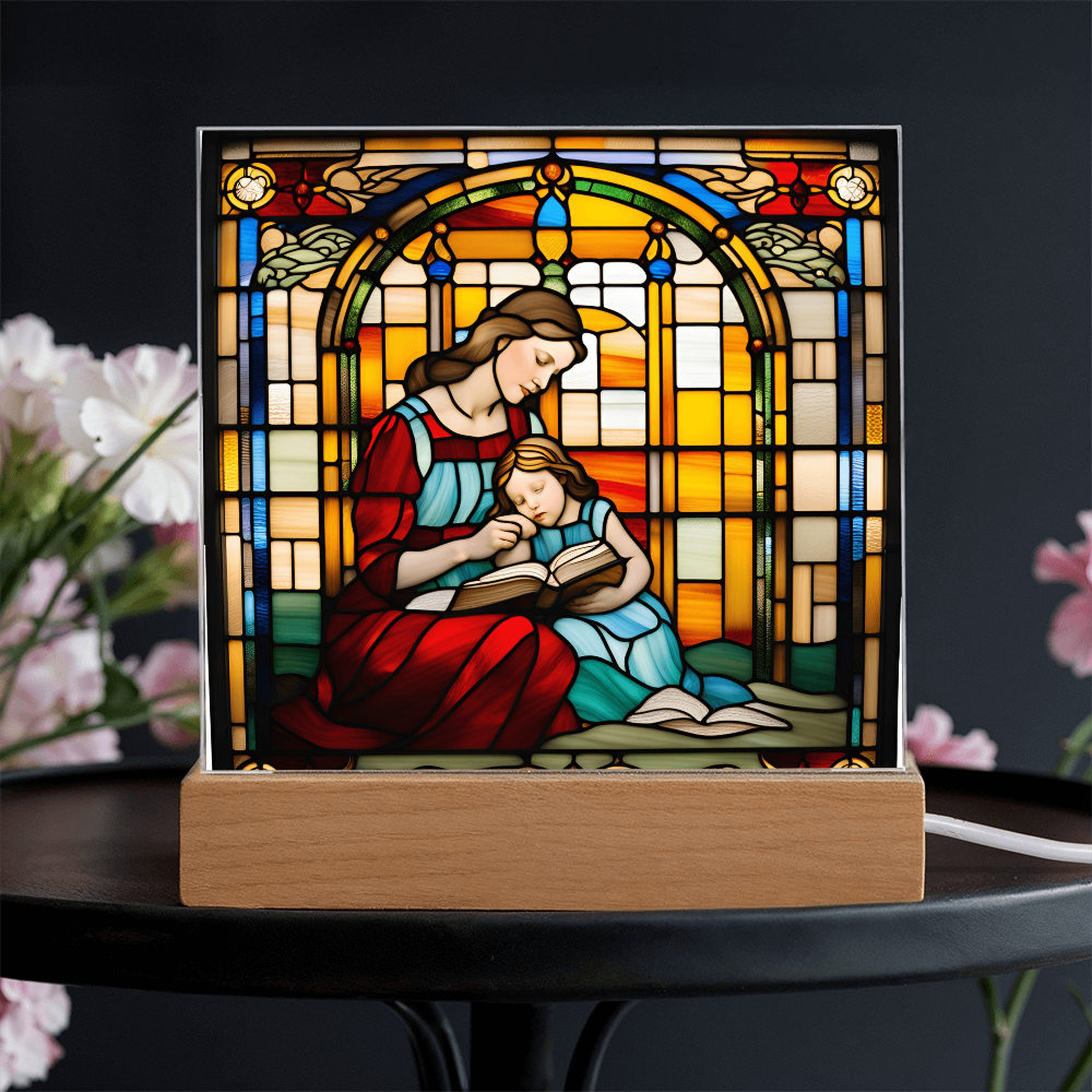 Mother and Child Reading Together Stained-Glass Style LED Acrylic Plaque – A Heartfelt Gift for Moms and Book-Loving Families - Mallard Moon Gift Shop