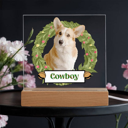 Pet Personalized Holiday Wreath Photo Upload Keepsake Acrylic Plaque with Lighted LED Wooden Base - Mallard Moon Gift Shop