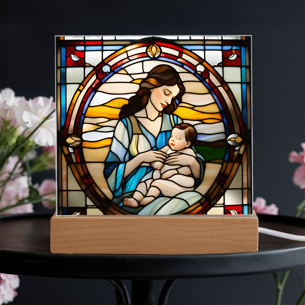 Brunette Mother and Baby - Stained Glass Style LED Acrylic Plaque – A Cherished Gift for Mother's Day or New Moms - Mallard Moon Gift Shop