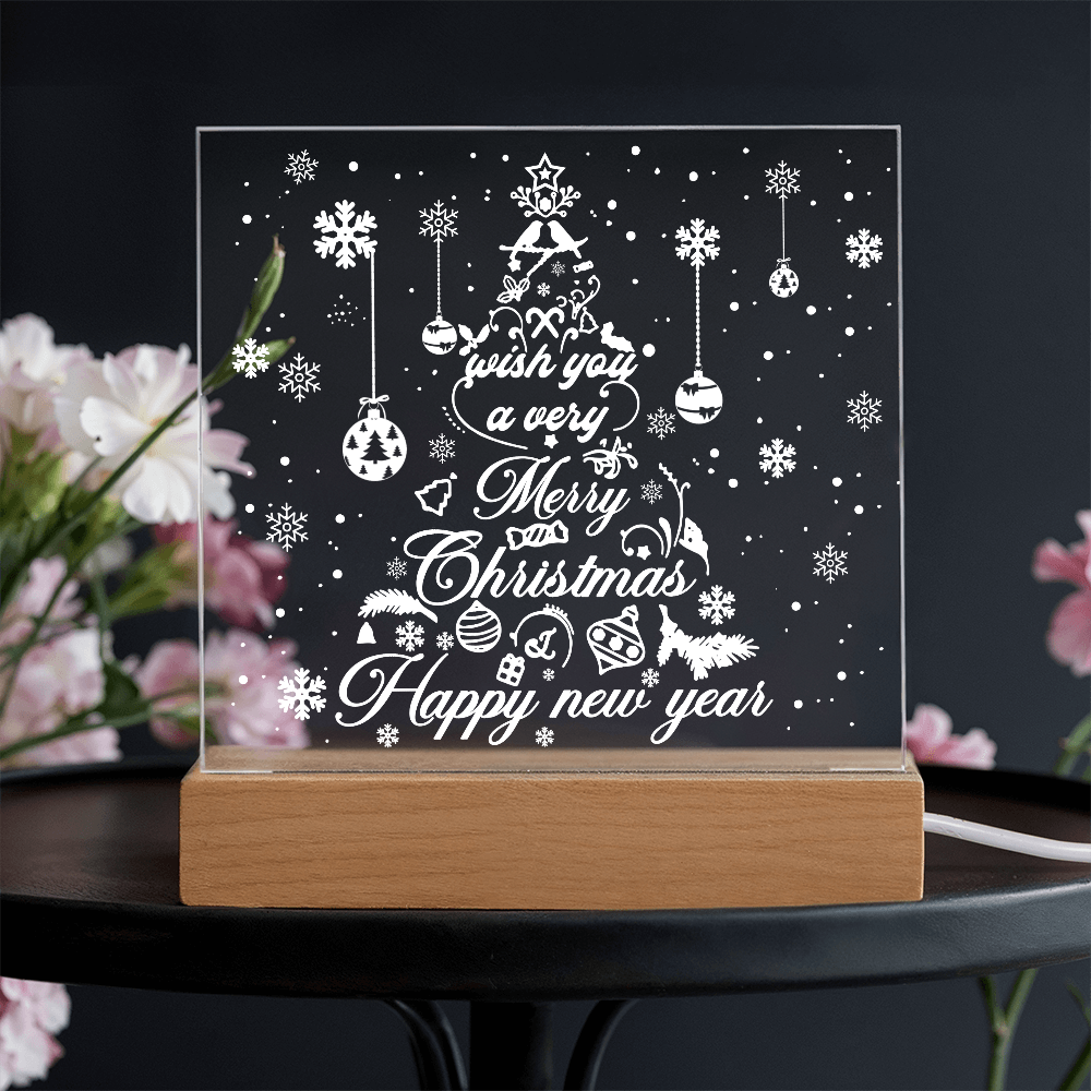 Merry Christmas & Happy New Year Acrylic Plaque – Elegant Holiday LED Light Décor | Festive Tree Design Gift