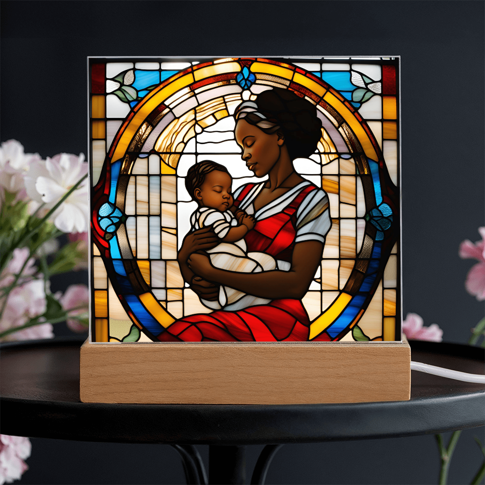 Black Mother and Baby Stained Glass Style LED Acrylic Plaque – A Powerful Tribute for New Moms and Mother's Day - Mallard Moon Gift Shop