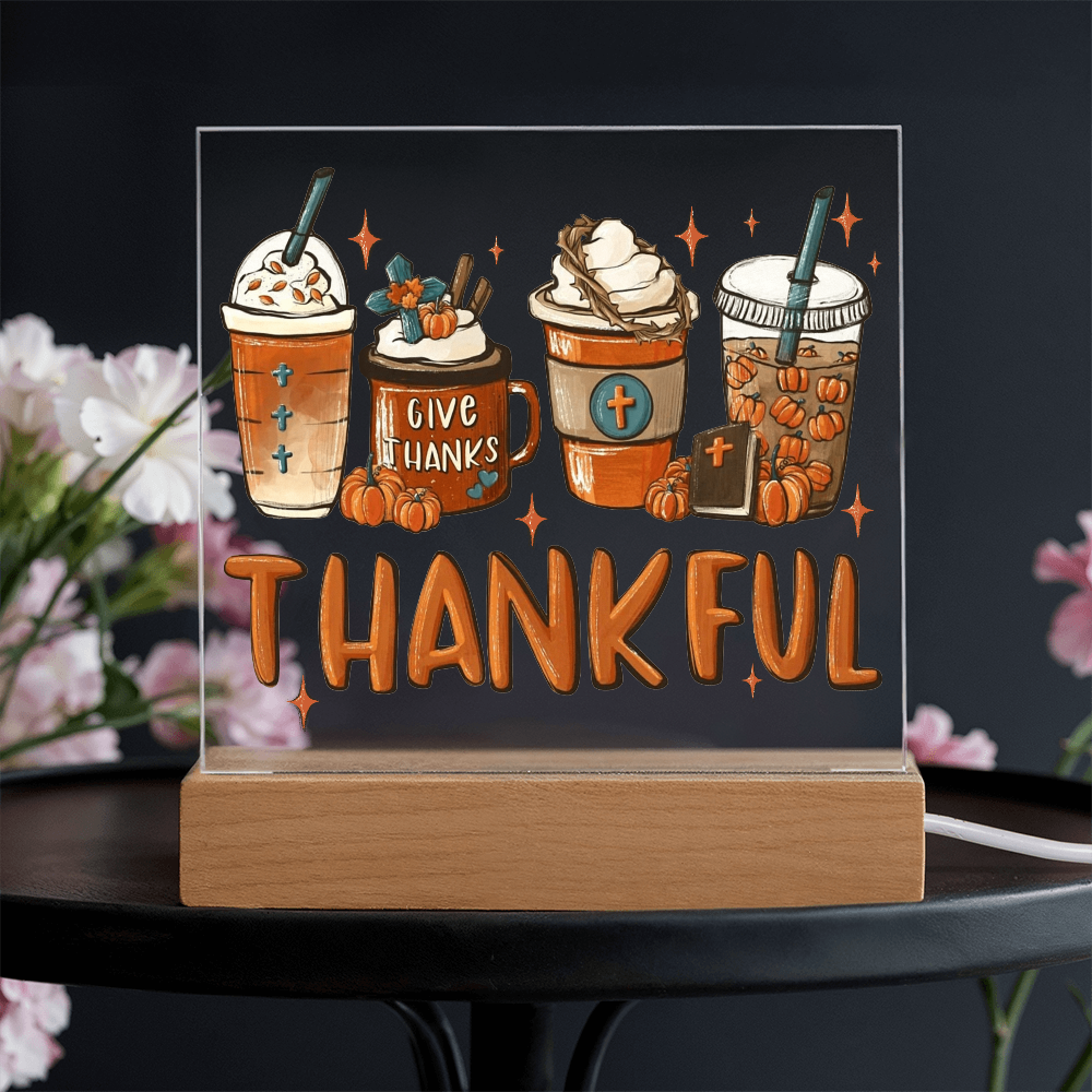 Thankful Coffee Acrylic Plaque – Cozy Fall Décor Gift for Coffee Lovers | “Give Thanks” Autumn LED Light Display