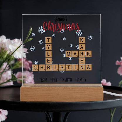 Personalized Crossword Puzzle Merry Christmas Acrylic Plaque with Lighted LED Wooden Base - Mallard Moon Gift Shop