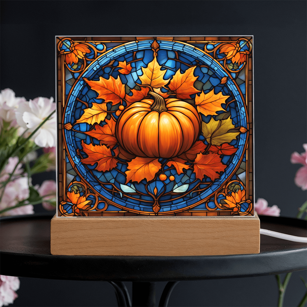 Stained Glass Pumpkin Acrylic Plaque – Elegant Thanksgiving Home Décor | Fall Harvest LED Light Display