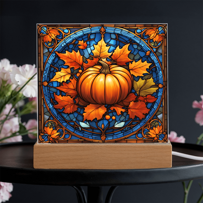 Stained Glass Pumpkin Acrylic Plaque – Elegant Thanksgiving Home Décor | Fall Harvest LED Light Display